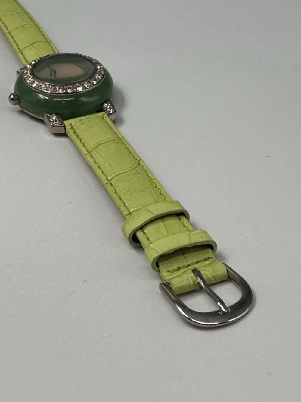 Precious Time Watch Women Silver Tone Green Leather Band New Battery 9 Inch